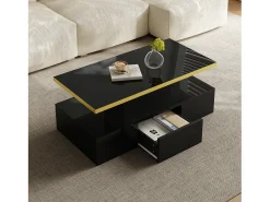 Mesa de centro retangular 100x50x38,5cm com 1 gaveta e LED, Tampo duplo, corpo em preto brilhante