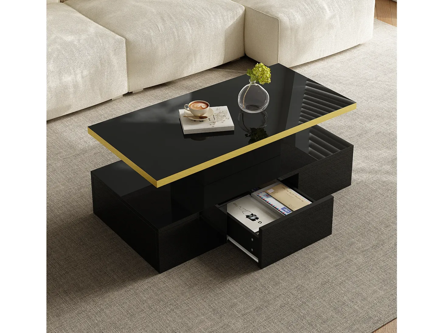 Mesa de centro retangular 100x50x38,5cm com 1 gaveta e LED, Tampo duplo, corpo em preto brilhante