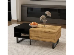 Mesa de centro retangular 100x50x40cm com gaveta, corpo em madeira preta e natural
