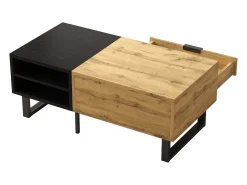 Mesa de centro retangular 100x50x40cm com gaveta, corpo em madeira preta e natural