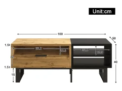 Mesa de centro retangular 100x50x40cm com gaveta, corpo em madeira preta e natural