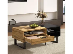 Mesa de centro retangular 100x50x40cm com gaveta, corpo em madeira preta e natural