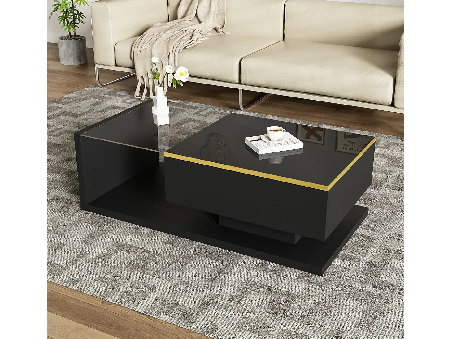 Mesa de centro retangular 100x50x32,5cm com compartimento de arrumação, corpo preto e tampo de vidro, LED incluído