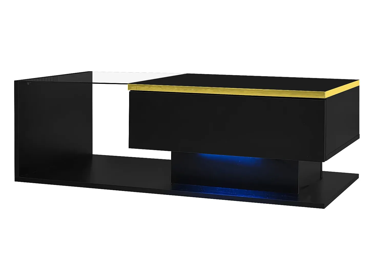Mesa de centro retangular 100x50x32,5cm com compartimento de arrumação, corpo preto e tampo de vidro, LED incluído