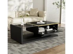 Mesa de centro retangular 100x50x32,5cm com compartimento de arrumação, corpo preto e tampo de vidro, LED incluído