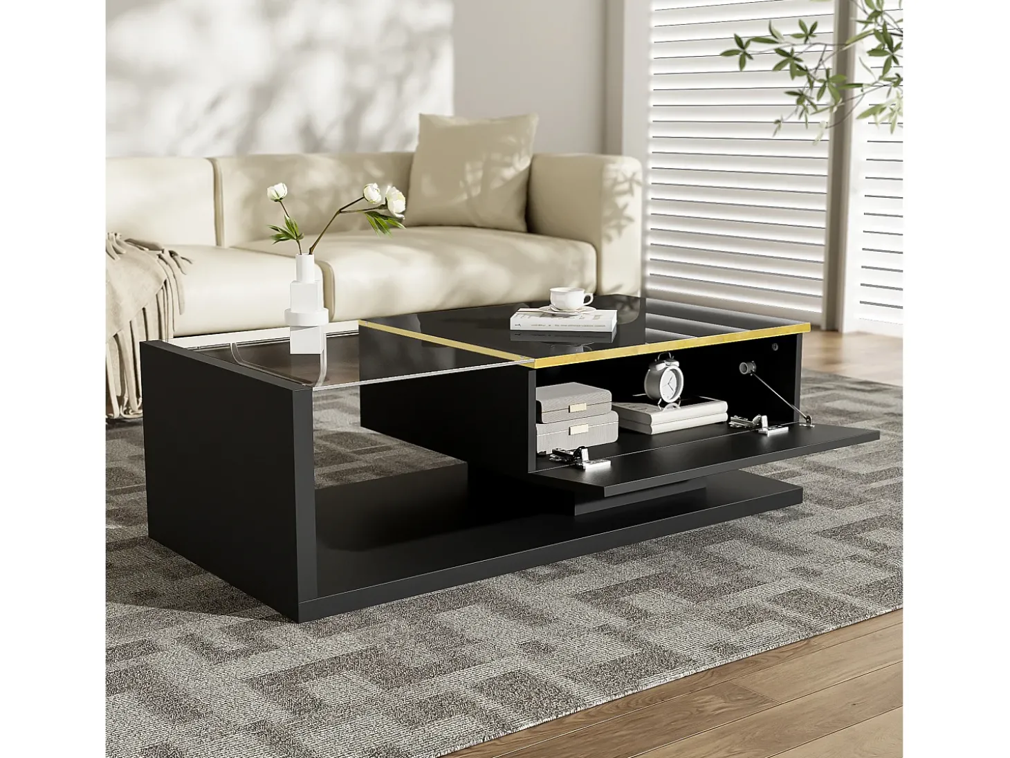 Mesa de centro retangular 100x50x32,5cm com compartimento de arrumação, corpo preto e tampo de vidro, LED incluído