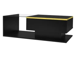 Mesa de centro retangular 100x50x32,5cm com compartimento de arrumação, corpo preto e tampo de vidro, LED incluído