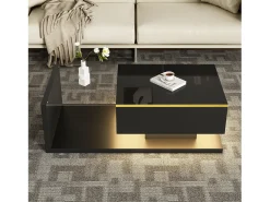 Mesa de centro retangular 100x50x32,5cm com compartimento de arrumação, corpo preto e tampo de vidro, LED incluído