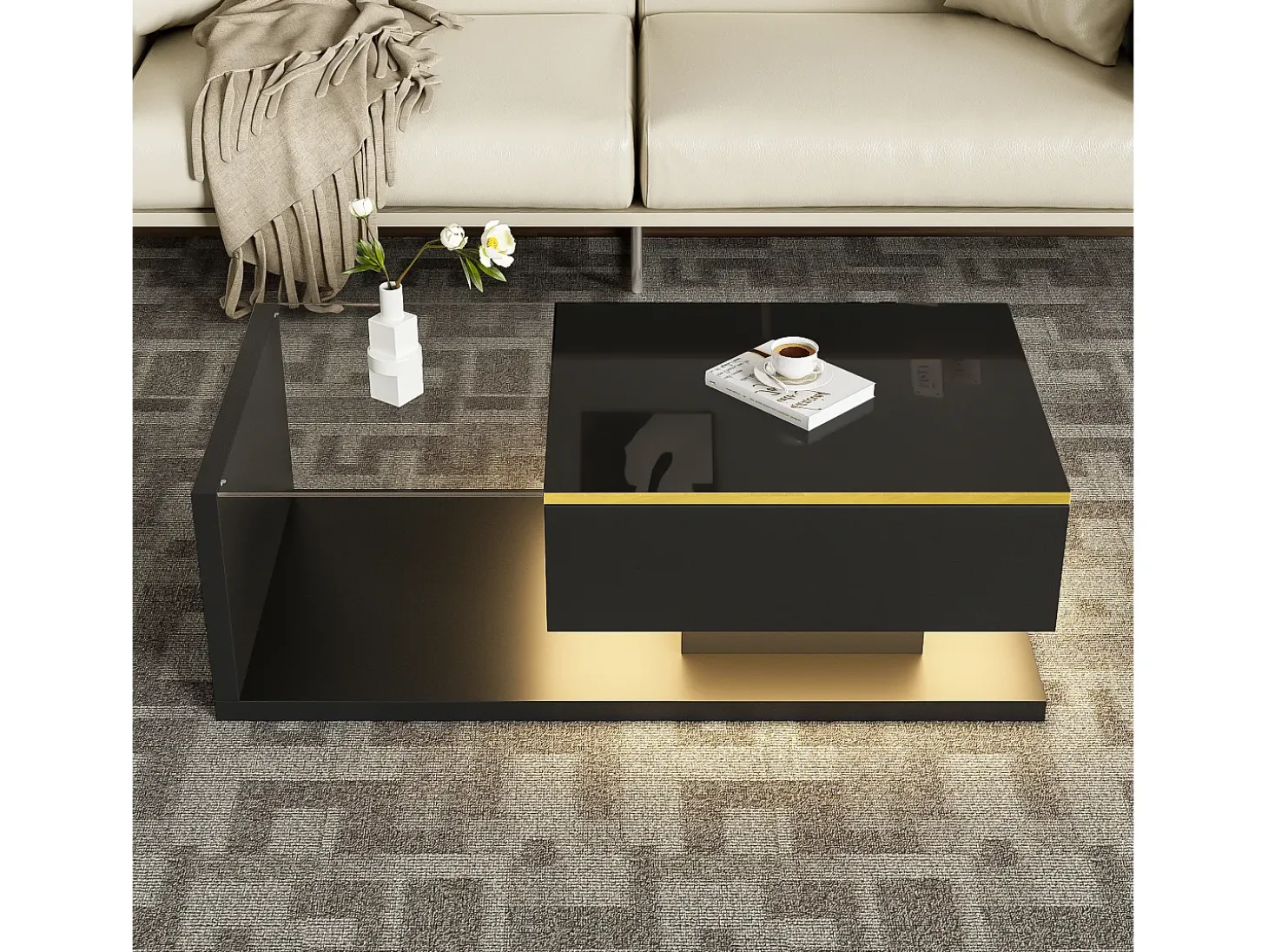 Mesa de centro retangular 100x50x32,5cm com compartimento de arrumação, corpo preto e tampo de vidro, LED incluído