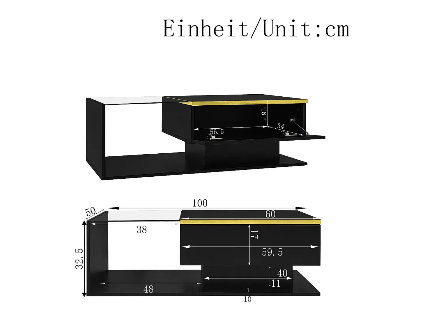 Mesa de centro retangular 100x50x32,5cm com compartimento de arrumação, corpo preto e tampo de vidro, LED incluído