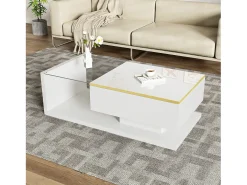 Mesa de centro retangular 100x50x32,5cm com compartimento de arrumação, corpo branco e tampo de vidro, LED incluído