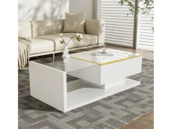 Mesa de centro retangular 100x50x32,5cm com compartimento de arrumação, corpo branco e tampo de vidro, LED incluído
