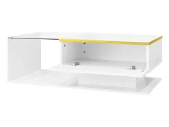 Mesa de centro retangular 100x50x32,5cm com compartimento de arrumação, corpo branco e tampo de vidro, LED incluído