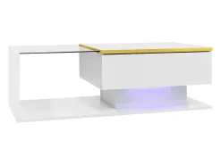 Mesa de centro retangular 100x50x32,5cm com compartimento de arrumação, corpo branco e tampo de vidro, LED incluído