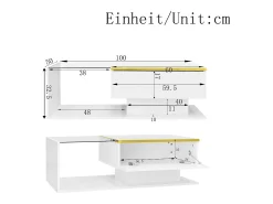 Mesa de centro retangular 100x50x32,5cm com compartimento de arrumação, corpo branco e tampo de vidro, LED incluído
