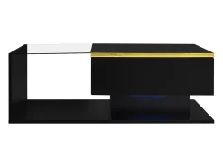 Mesa de centro retangular 90x50x32,5cm com compartimento de arrumação, corpo preto e tampo de vidro, LED incluído