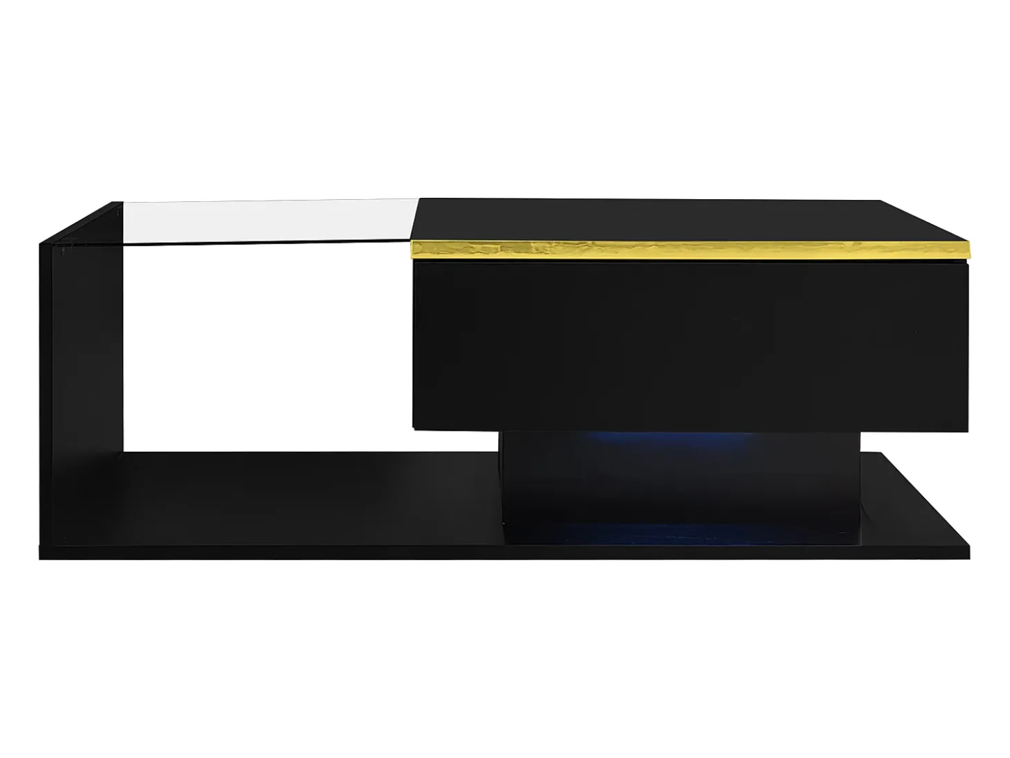 Mesa de centro retangular 90x50x32,5cm com compartimento de arrumação, corpo preto e tampo de vidro, LED incluído