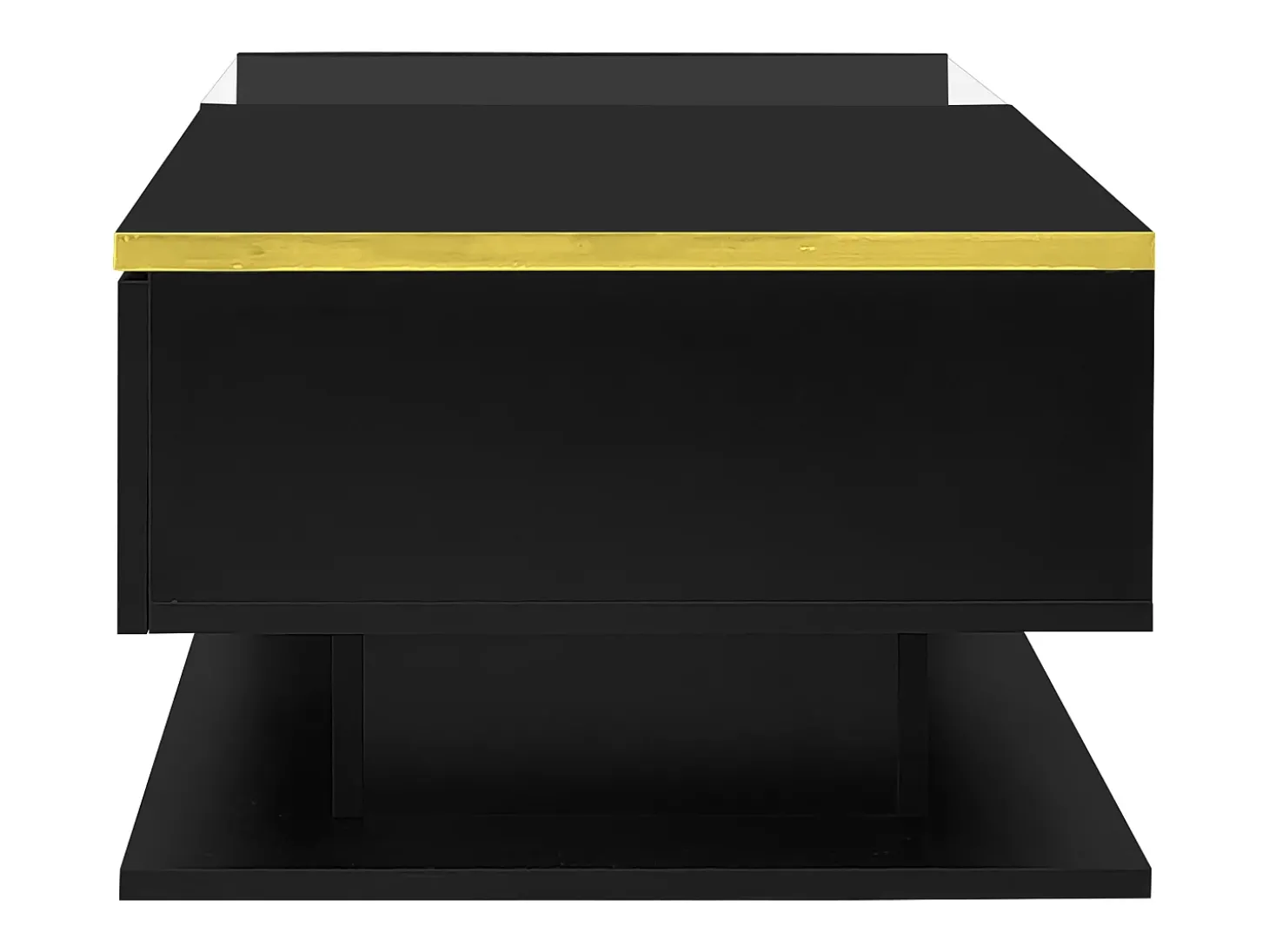 Mesa de centro retangular 90x50x32,5cm com compartimento de arrumação, corpo preto e tampo de vidro, LED incluído