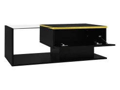 Mesa de centro retangular 90x50x32,5cm com compartimento de arrumação, corpo preto e tampo de vidro, LED incluído