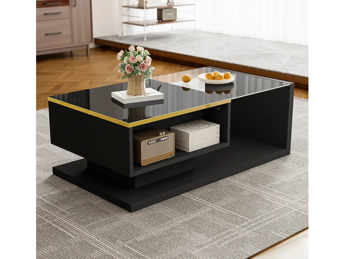 Mesa de centro retangular 90x50x32,5cm com compartimento de arrumação, corpo preto e tampo de vidro, LED incluído