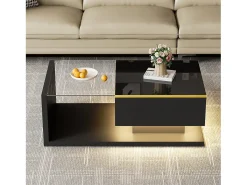 Mesa de centro retangular 90x50x32,5cm com compartimento de arrumação, corpo preto e tampo de vidro, LED incluído