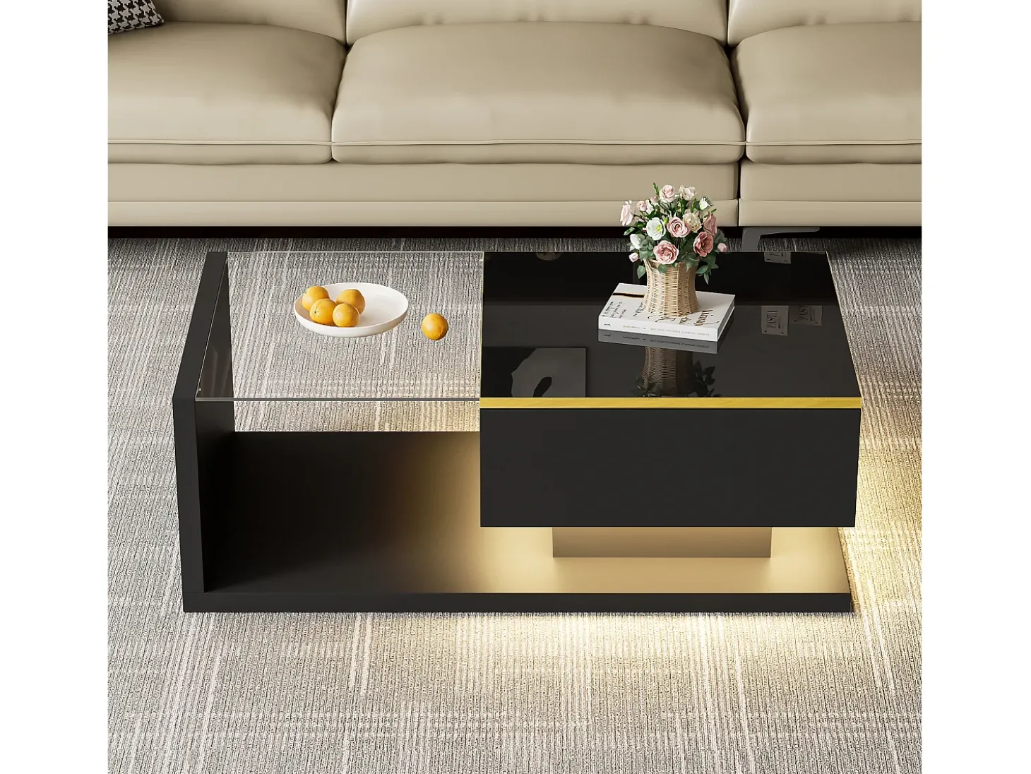 Mesa de centro retangular 90x50x32,5cm com compartimento de arrumação, corpo preto e tampo de vidro, LED incluído