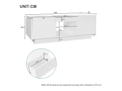 Mesa de centro retangular 100x50x35,5cm com 2 gavetas laterais e tampo de vidro, LED, branca