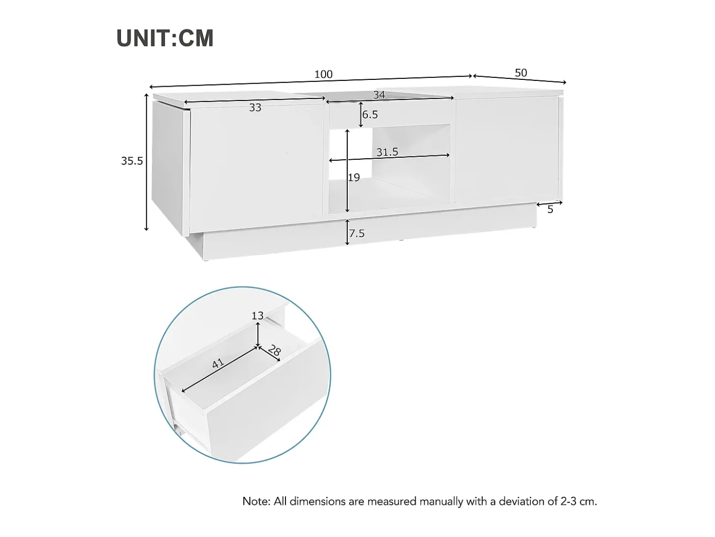 Mesa de centro retangular 100x50x35,5cm com 2 gavetas laterais e tampo de vidro, LED, branca