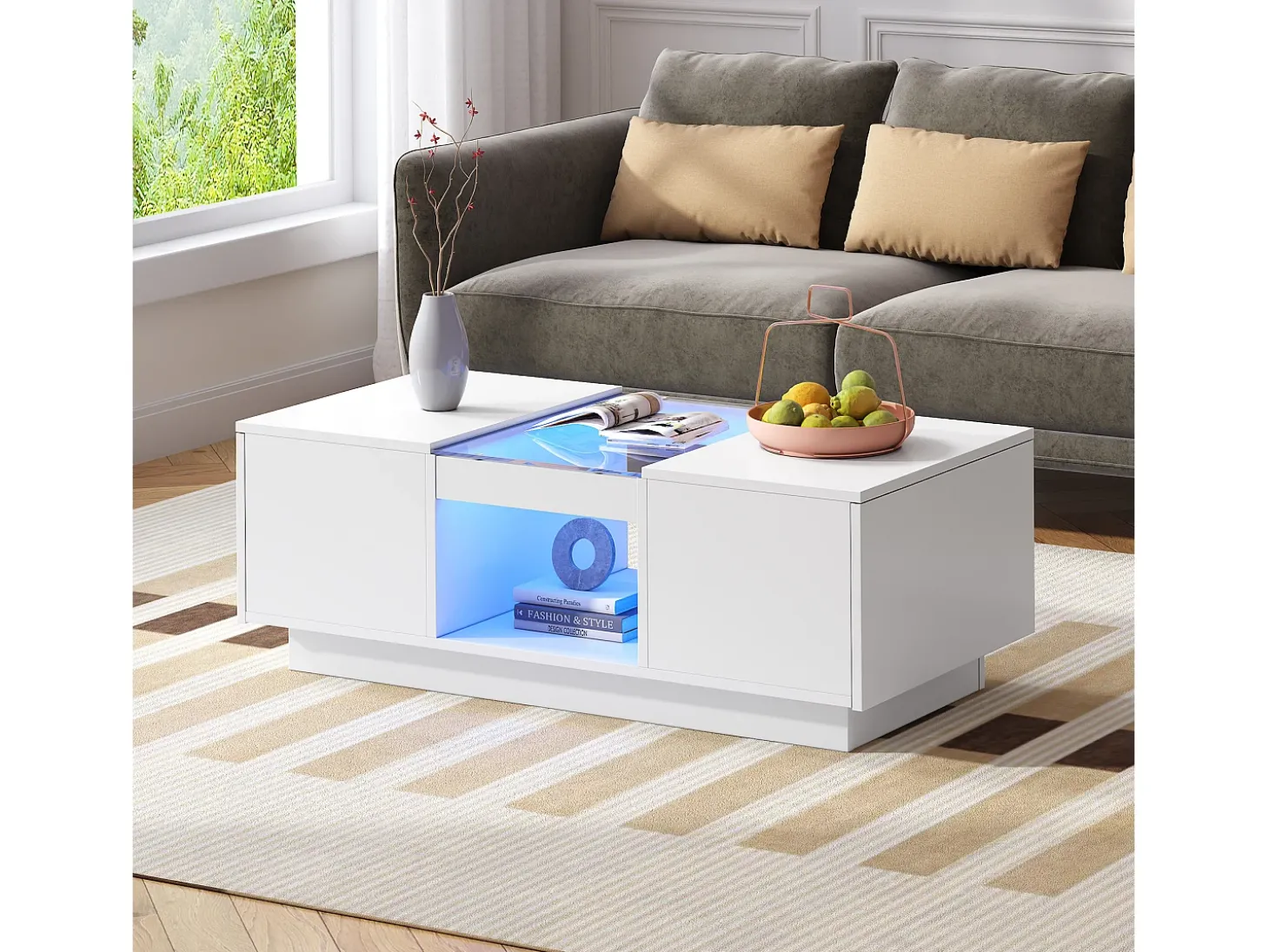 Mesa de centro retangular 100x50x35,5cm com 2 gavetas laterais e tampo de vidro, LED, branca