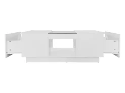 Mesa de centro retangular 100x50x35,5cm com 2 gavetas laterais e tampo de vidro, LED, branca