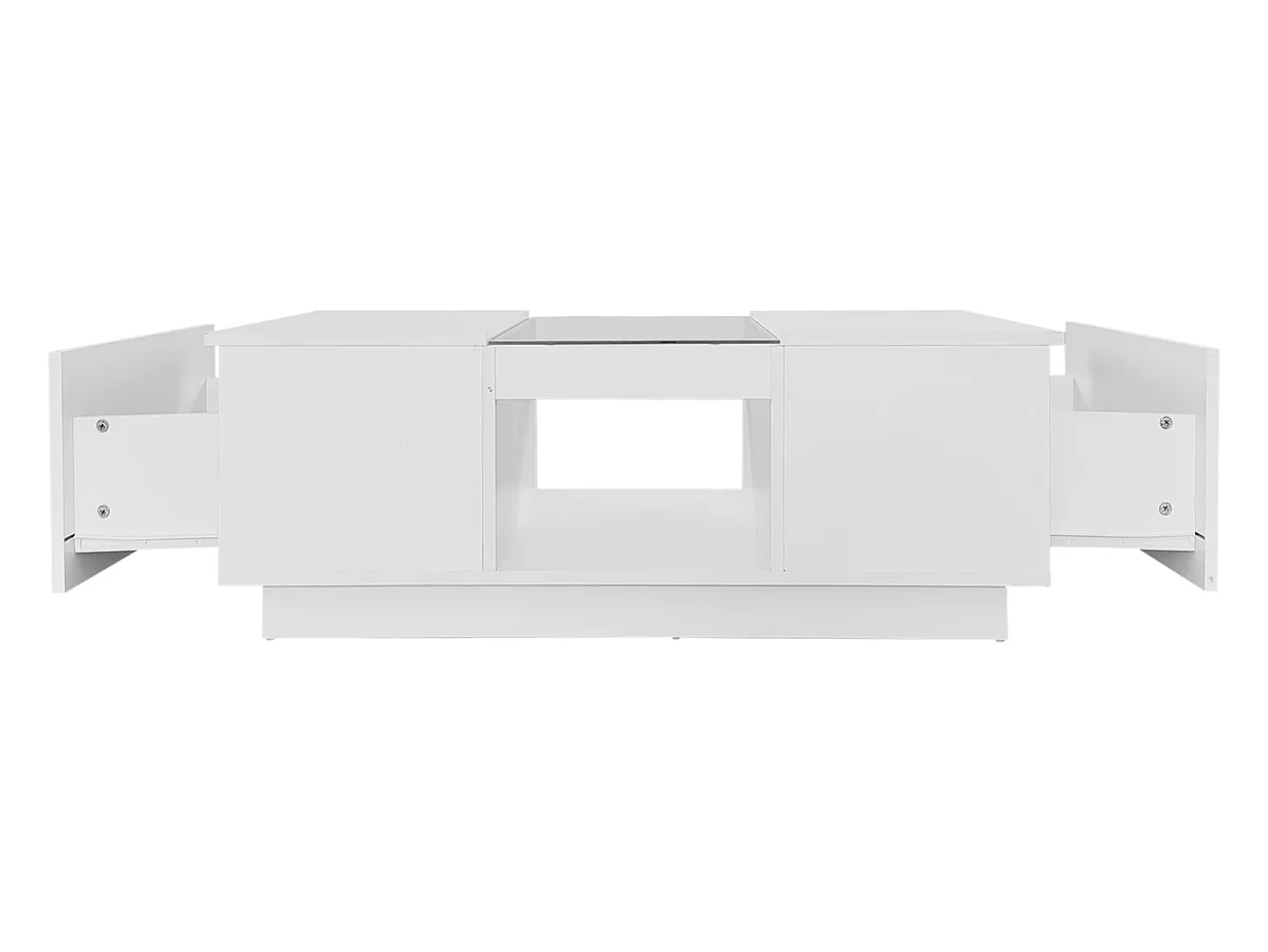 Mesa de centro retangular 100x50x35,5cm com 2 gavetas laterais e tampo de vidro, LED, branca