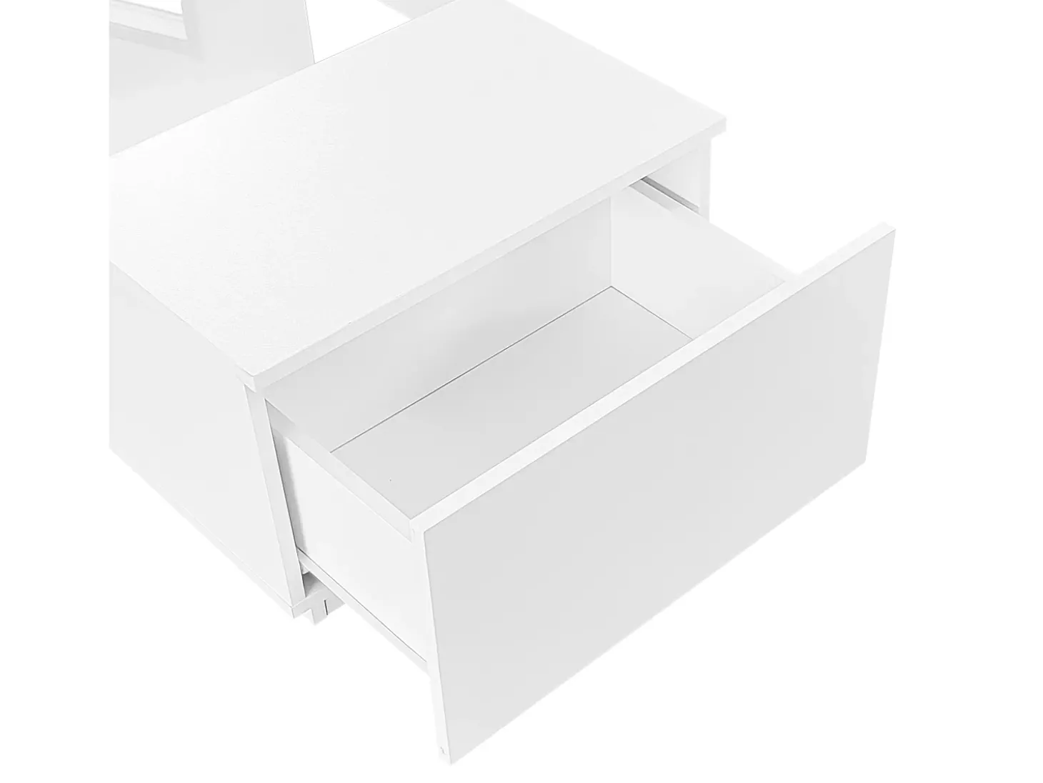Mesa de centro retangular 100x50x35,5cm com 2 gavetas laterais e tampo de vidro, LED, branca