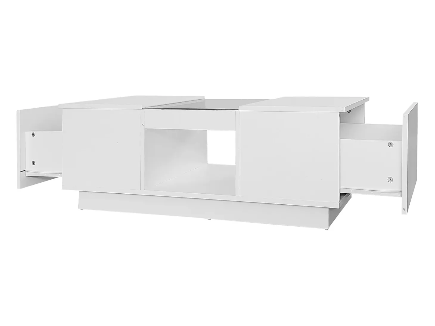Mesa de centro retangular 100x50x35,5cm com 2 gavetas laterais e tampo de vidro, LED, branca