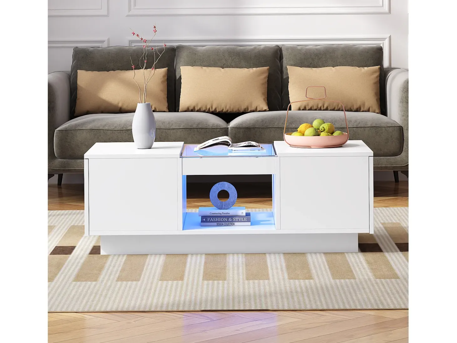 Mesa de centro retangular 100x50x35,5cm com 2 gavetas laterais e tampo de vidro, LED, branca