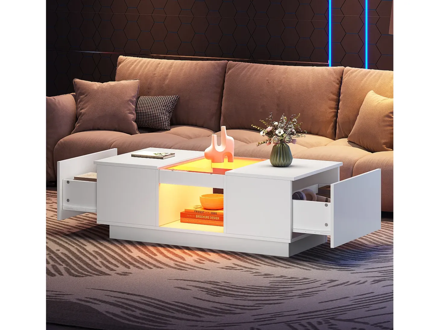 Mesa de centro retangular 100x50x35,5cm com 2 gavetas laterais e tampo de vidro, LED, branca