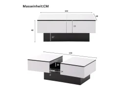 Mesa de centro retangular extensível em laca branca e preta com armazenamento oculto