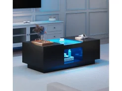 Mesa de centro retangular 100x50x35,5cm com 2 gavetas laterais e tampo de vidro, LED, preta