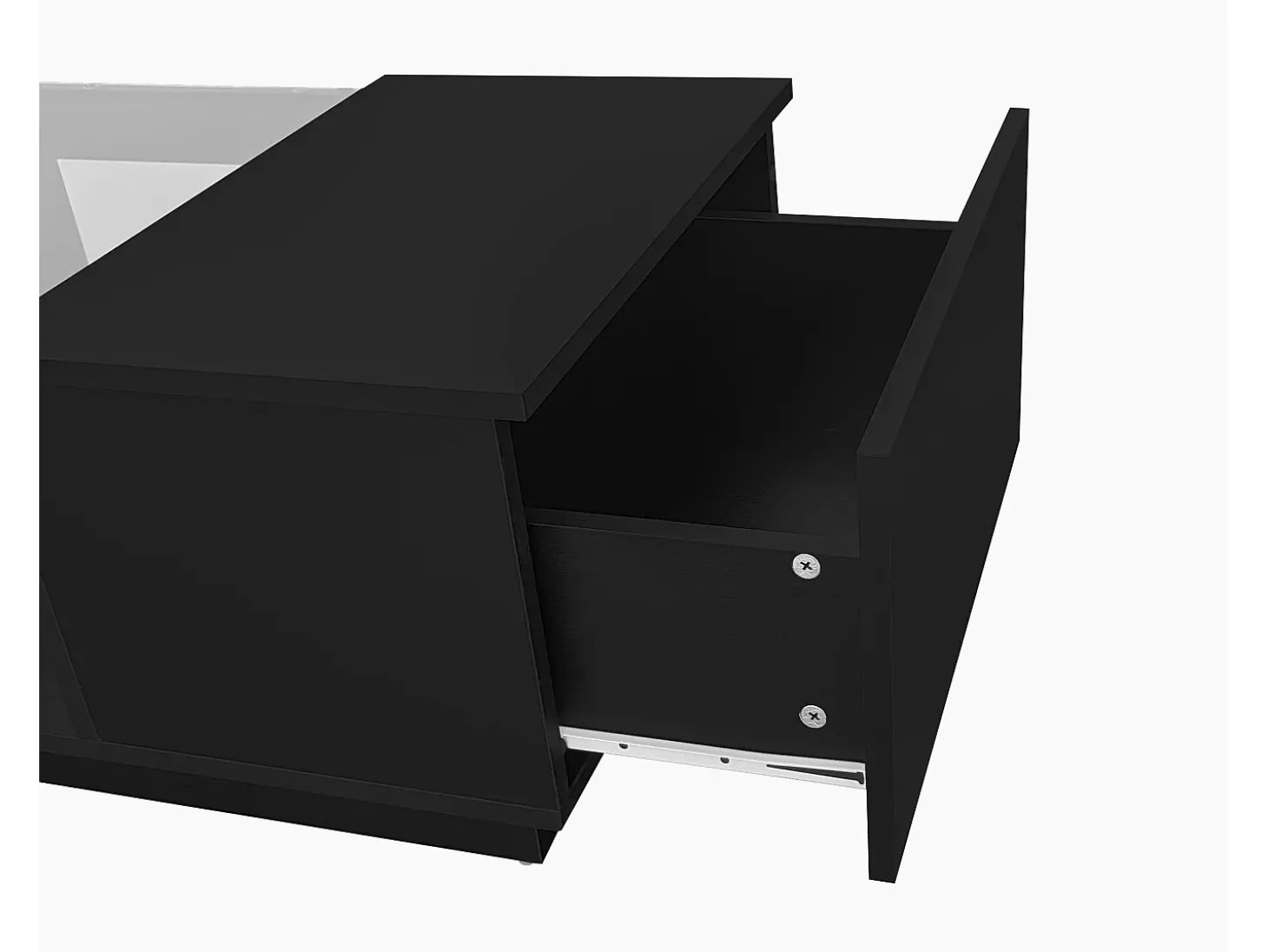 Mesa de centro retangular 100x50x35,5cm com 2 gavetas laterais e tampo de vidro, LED, preta