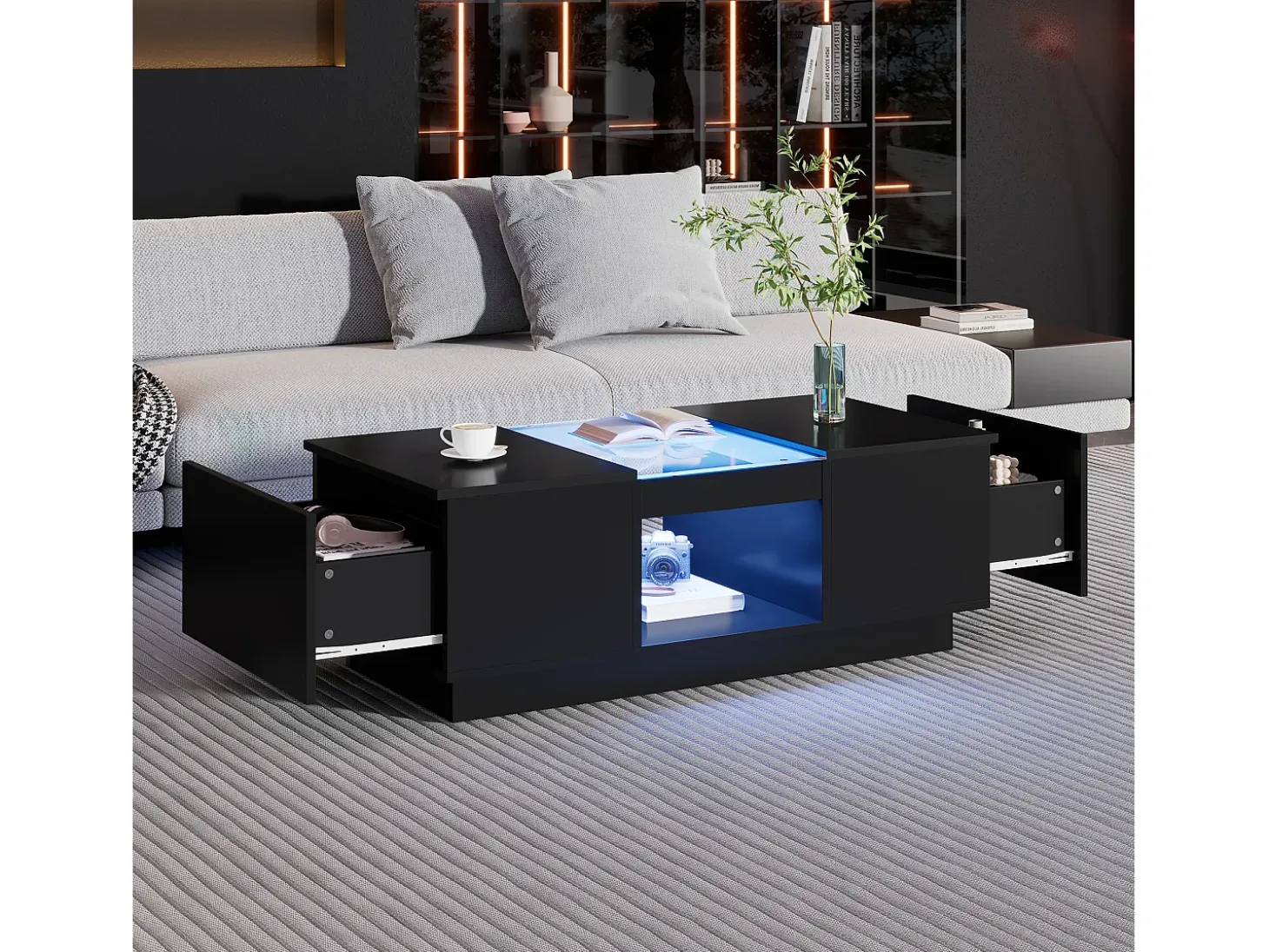 Mesa de centro retangular 100x50x35,5cm com 2 gavetas laterais e tampo de vidro, LED, preta