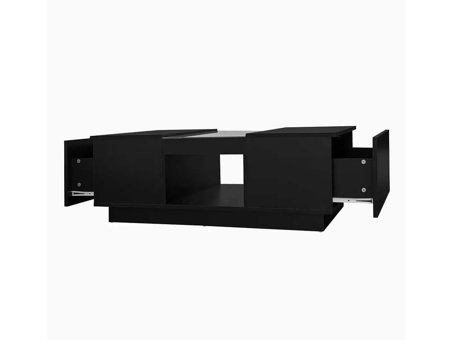 Mesa de centro retangular 100x50x35,5cm com 2 gavetas laterais e tampo de vidro, LED, preta
