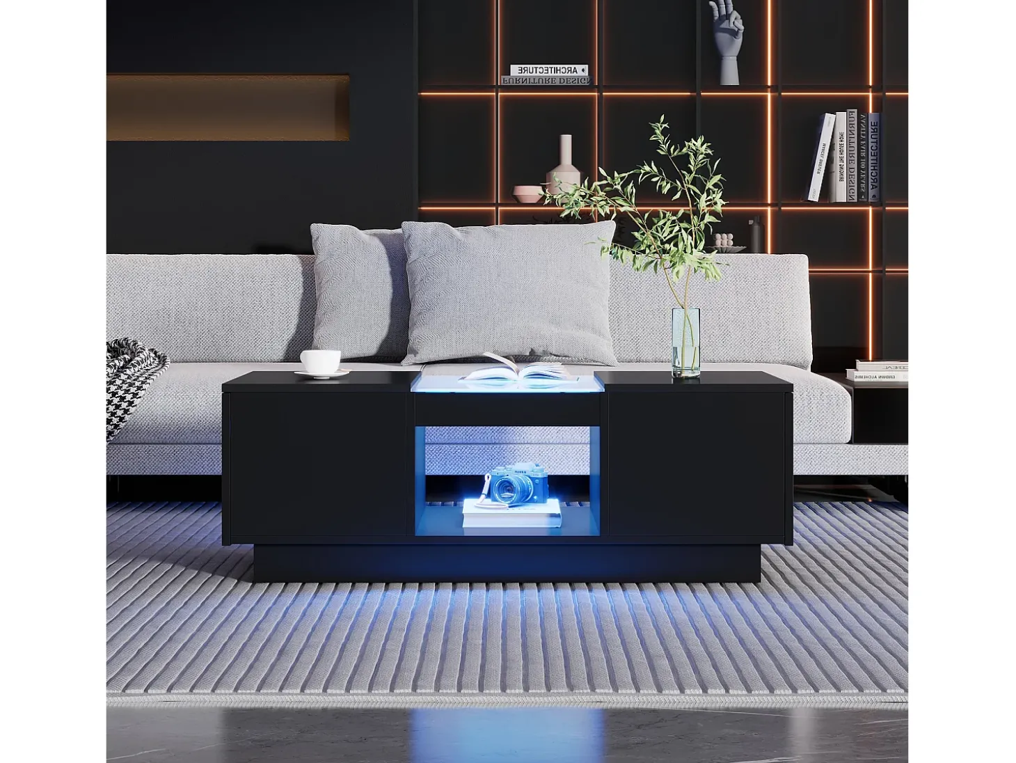 Mesa de centro retangular 100x50x35,5cm com 2 gavetas laterais e tampo de vidro, LED, preta