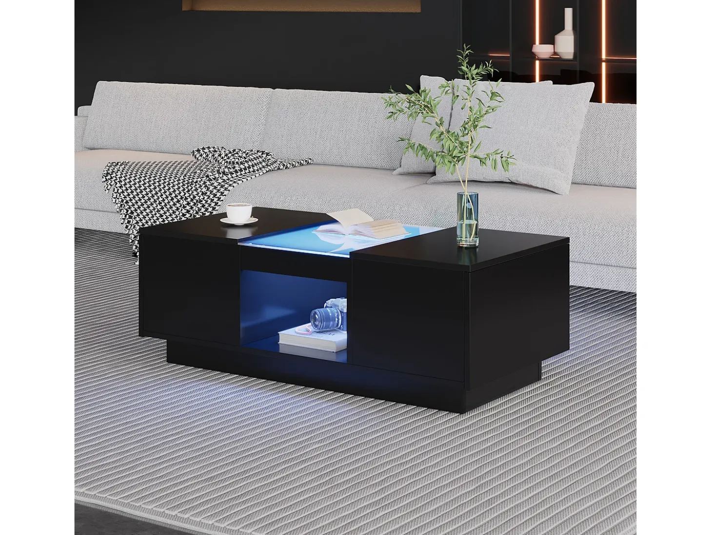 Mesa de centro retangular 100x50x35,5cm com 2 gavetas laterais e tampo de vidro, LED, preta