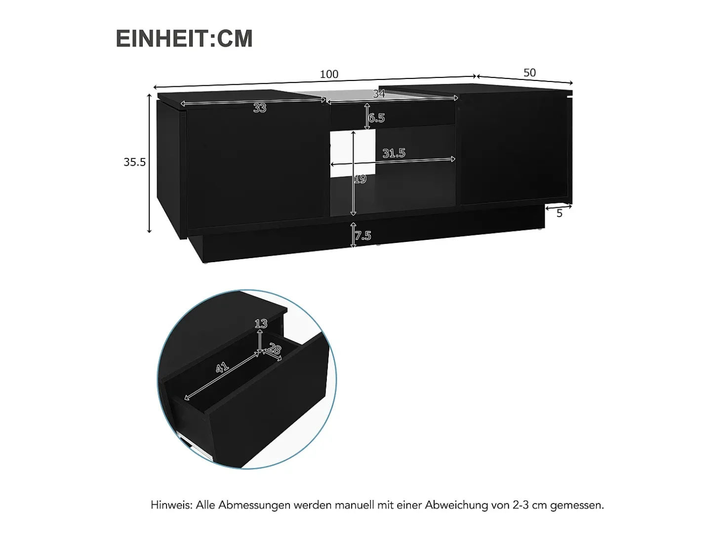 Mesa de centro retangular 100x50x35,5cm com 2 gavetas laterais e tampo de vidro, LED, preta