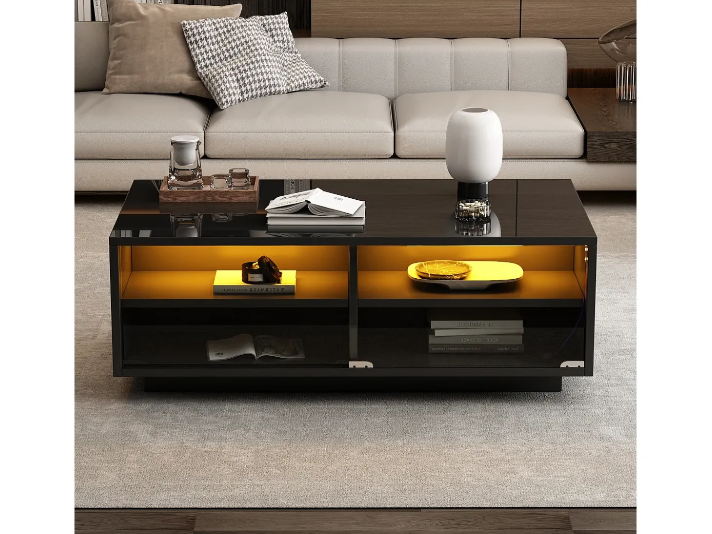 Mesa de centro retangular 94x50x34cm com 2 gavetas, LED incluído, corpo em laca preta brilhante