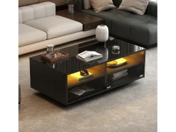 Mesa de centro retangular 94x50x34cm com 2 gavetas, LED incluído, corpo em laca preta brilhante