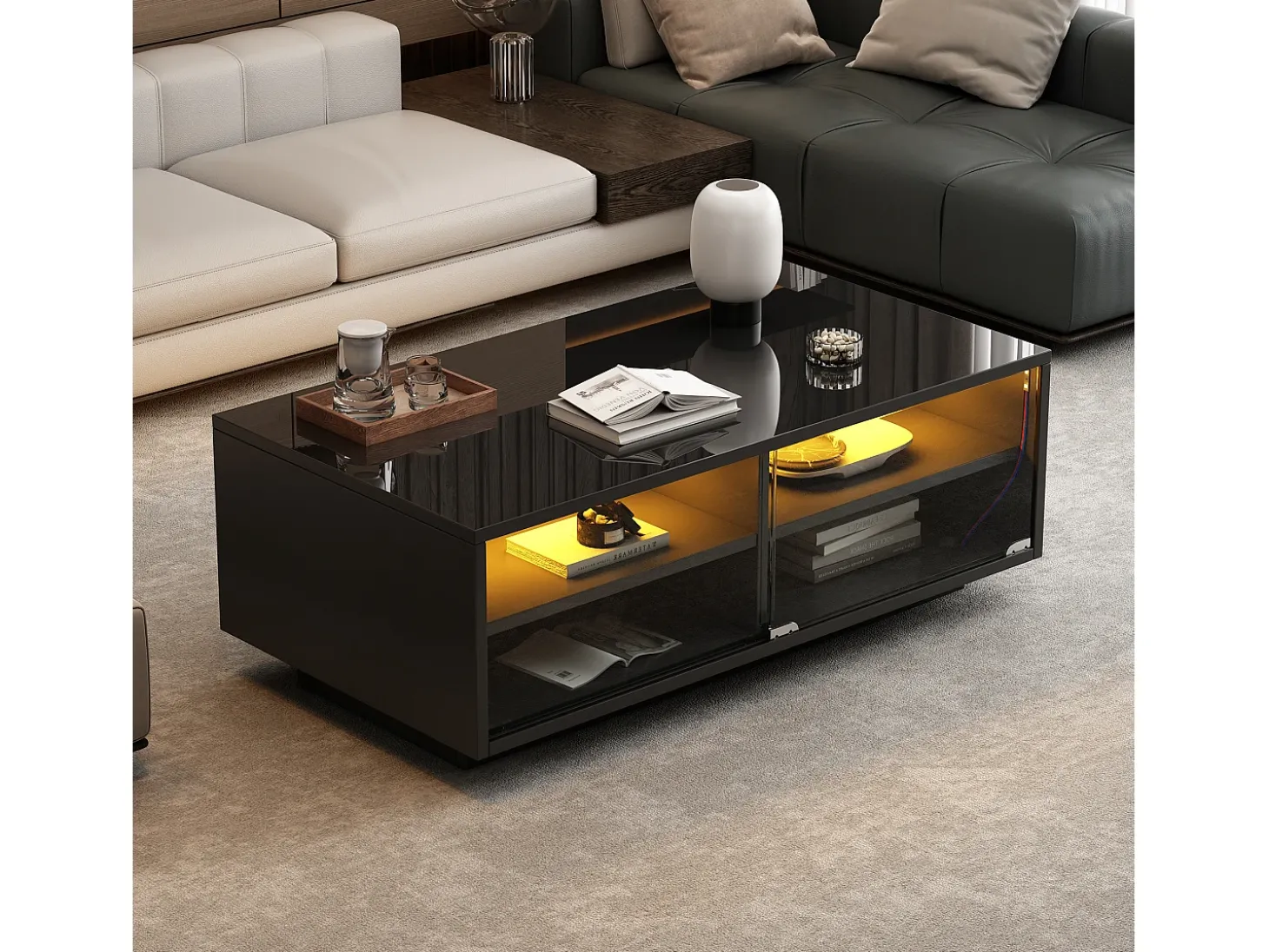 Mesa de centro retangular 94x50x34cm com 2 gavetas, LED incluído, corpo em laca preta brilhante