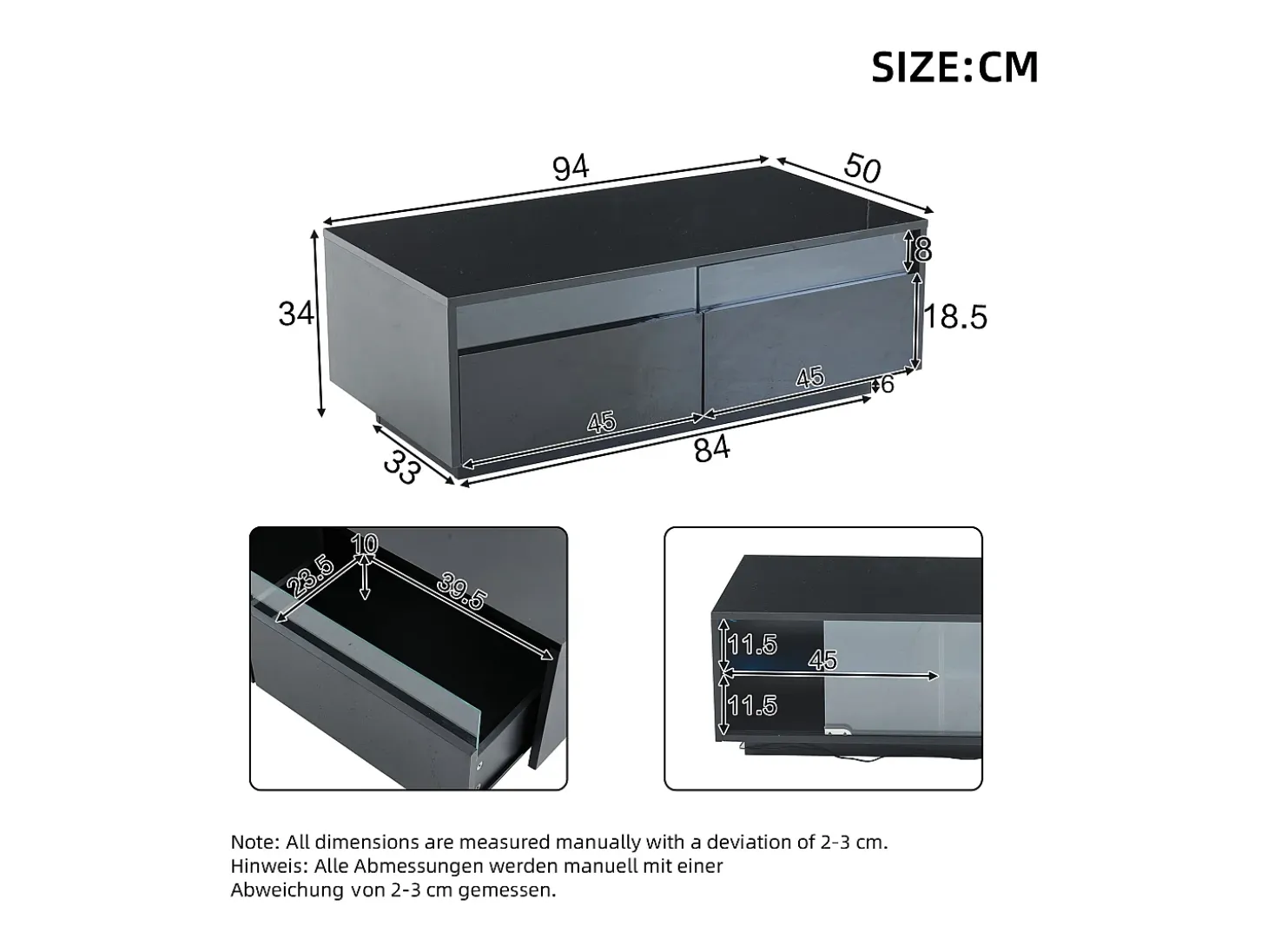 Mesa de centro retangular 94x50x34cm com 2 gavetas, LED incluído, corpo em laca preta brilhante