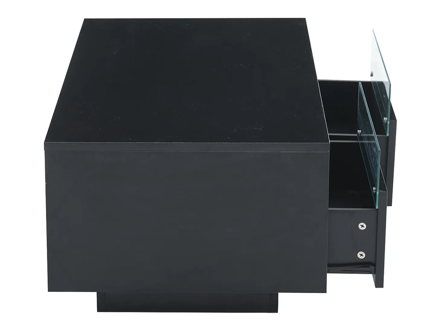 Mesa de centro retangular 94x50x34cm com 2 gavetas, LED incluído, corpo em laca preta brilhante