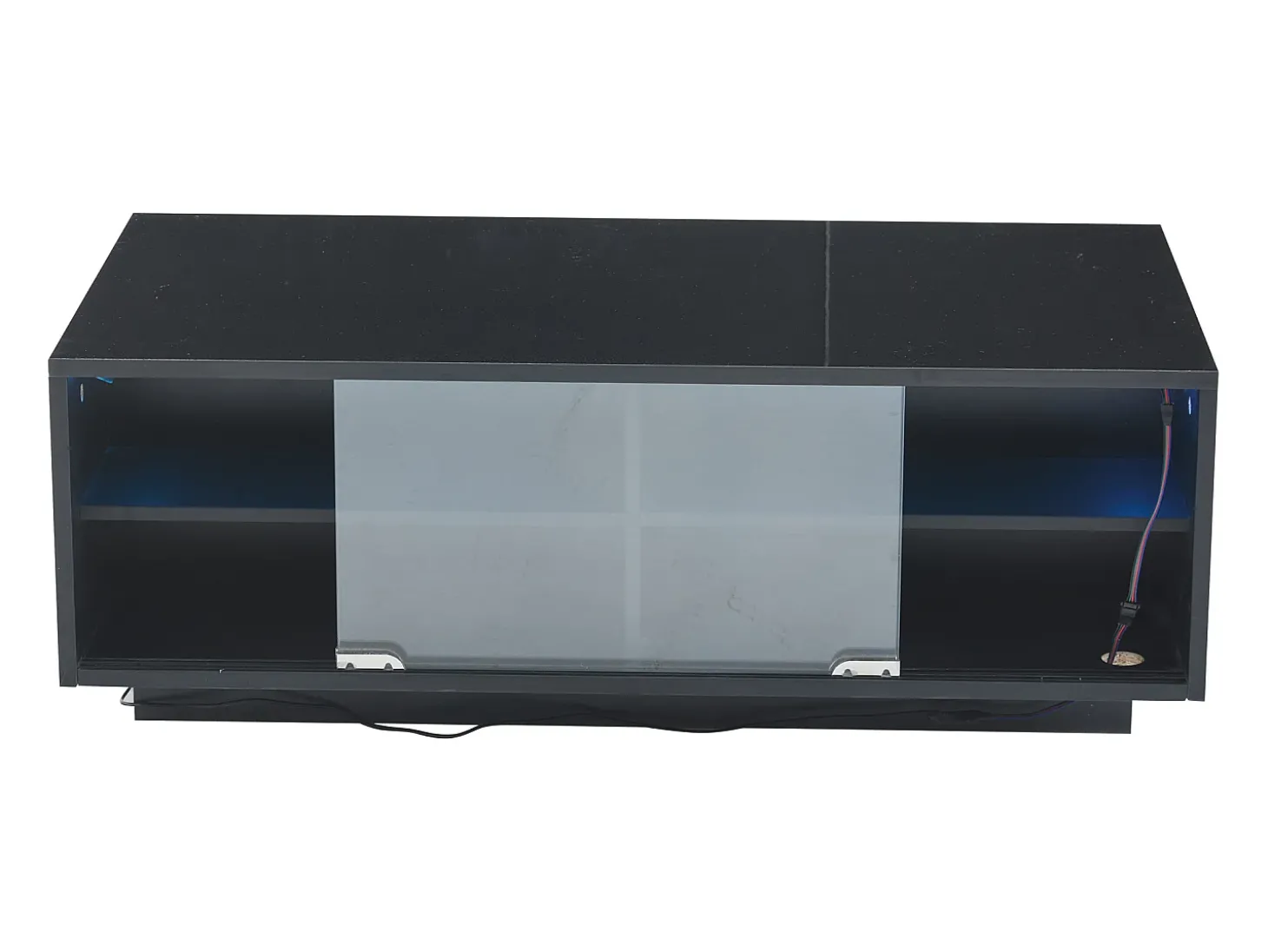 Mesa de centro retangular 94x50x34cm com 2 gavetas, LED incluído, corpo em laca preta brilhante