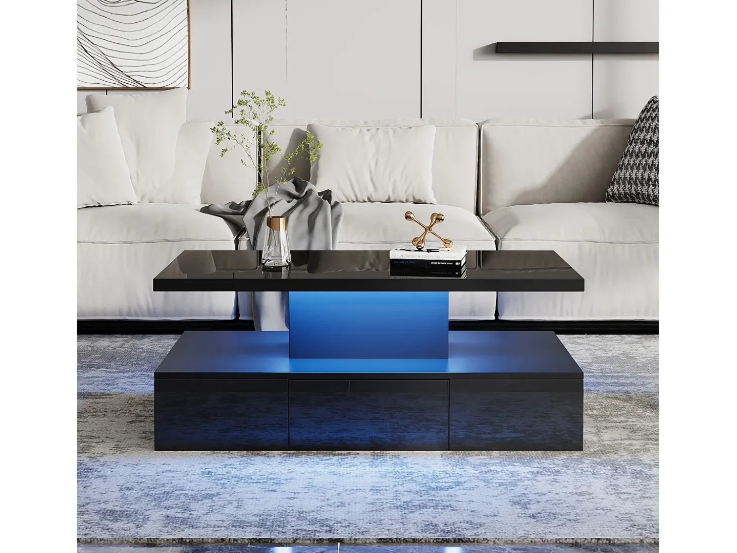 Mesa de centro retangular moderna lacada a preto com gaveta e LED